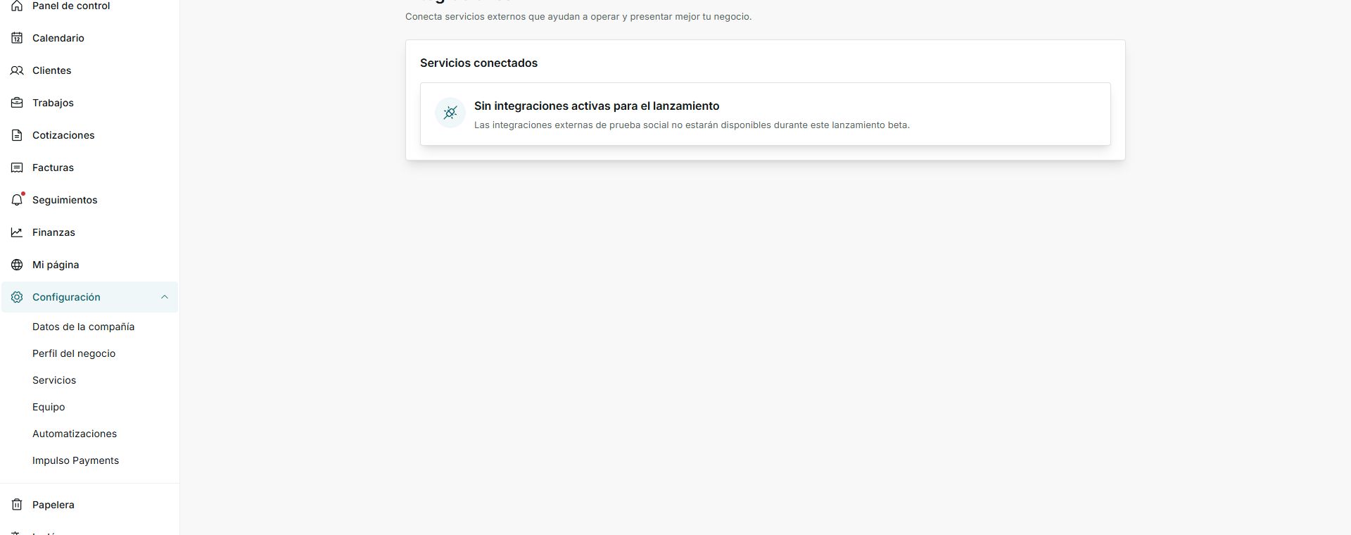 Pantalla de Integraciones con mensaje de sin integraciones activas