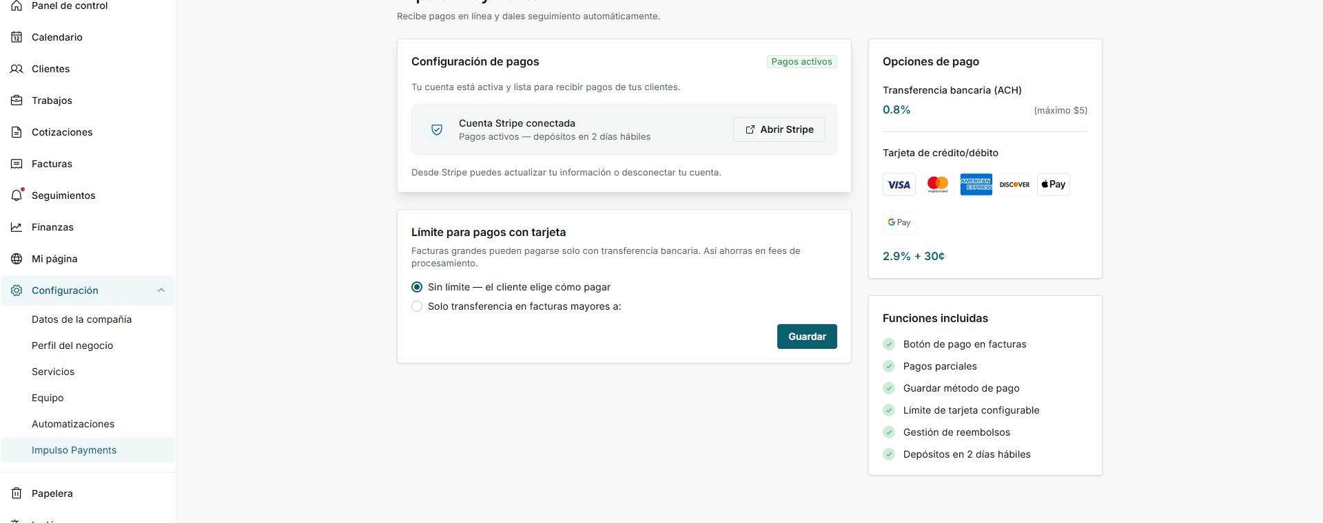 Pantalla de Impulso Payments con pagos activos y cuenta Stripe conectada