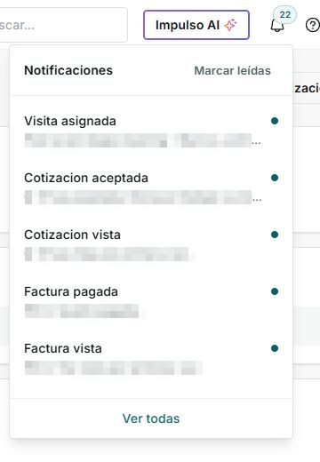 Dropdown de notificaciones de IMPULSO en espa&ntilde;ol con detalles privados ocultos