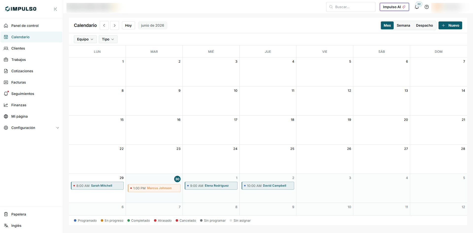 Vista mensual del Calendario con controles de fecha, filtros, vistas y visitas programadas