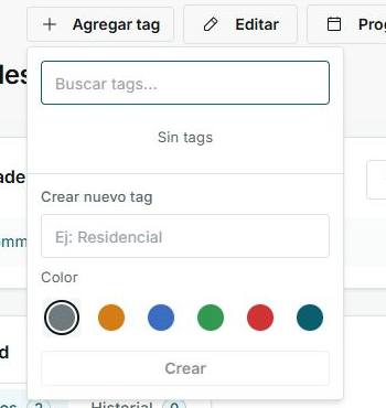 Panel Agregar tag con búsqueda, estado Sin tags y colores disponibles