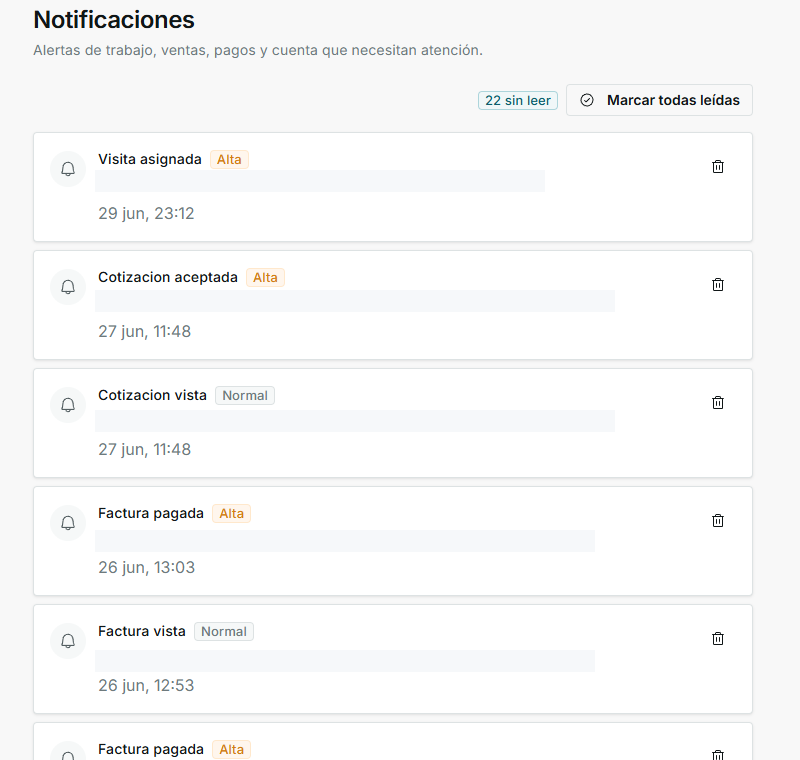 Centro de notificaciones de IMPULSO en espa&ntilde;ol con contador sin leer, bot&oacute;n para marcar todas le&iacute;das y avisos con prioridad