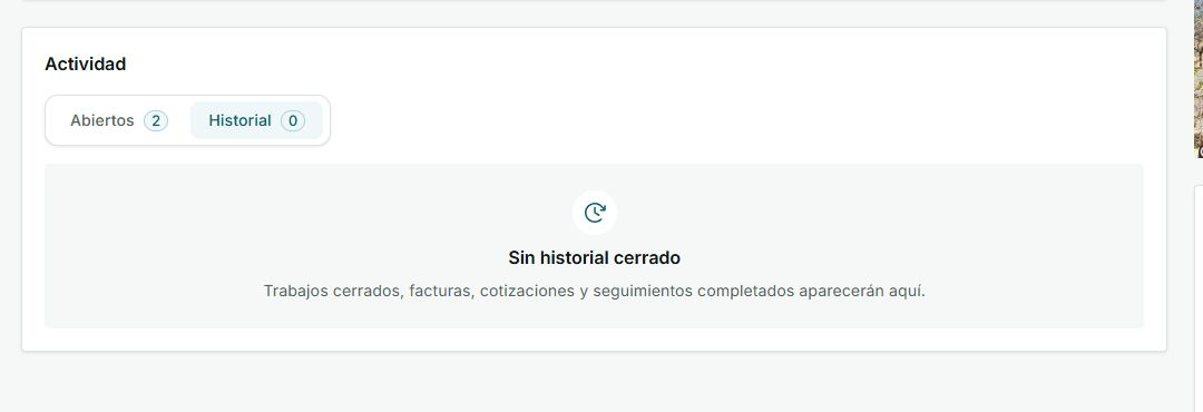 Tarjeta Actividad con Historial seleccionado y estado Sin historial cerrado