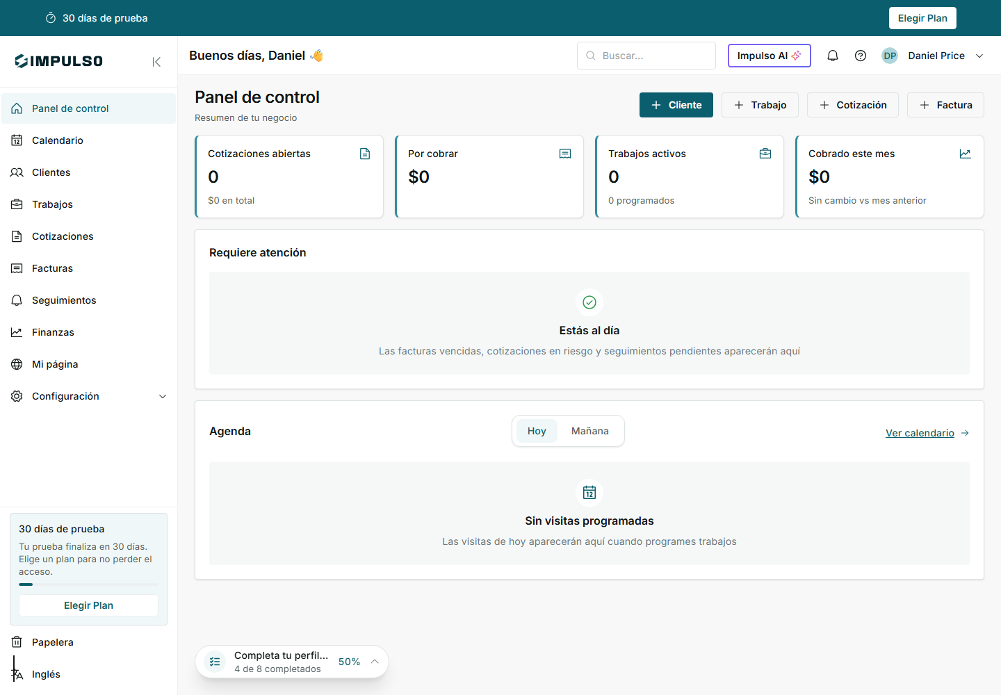 Panel de control después de completar onboarding