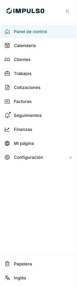 Men&uacute; lateral de IMPULSO en espa&ntilde;ol con las &aacute;reas principales del negocio