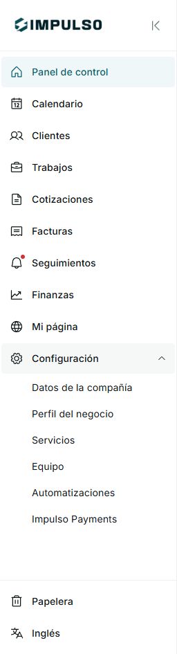 Men&uacute; lateral de IMPULSO con Configuraci&oacute;n desplegada en espa&ntilde;ol