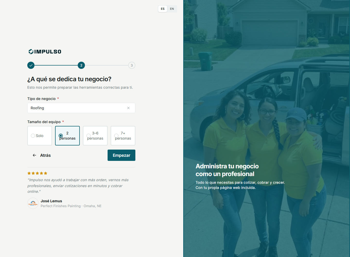 Paso 2 de onboarding con Roofing y 2 personas seleccionadas