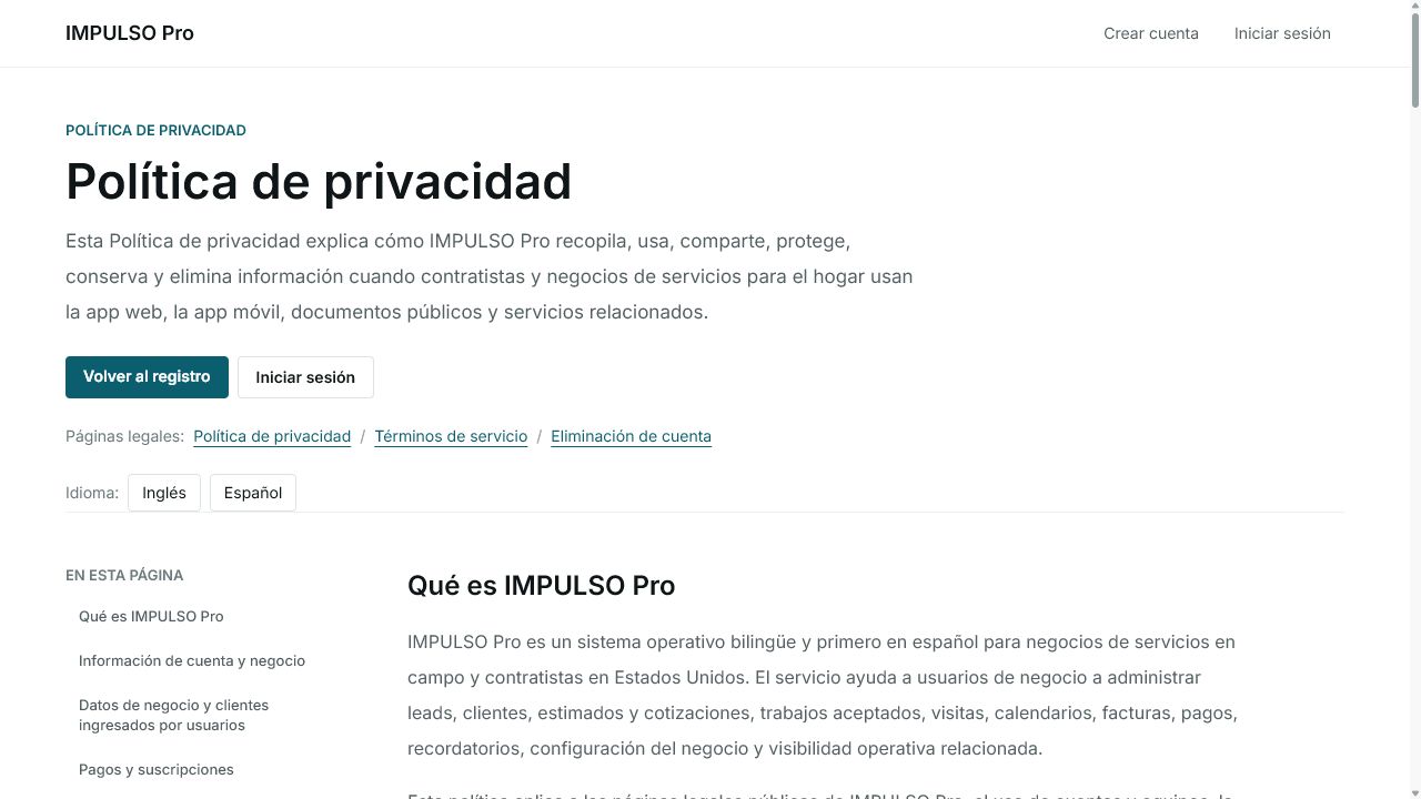 Política de privacidad de IMPULSO Pro en español