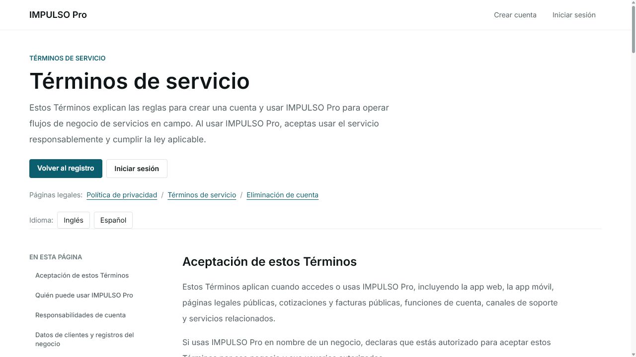 Términos de servicio de IMPULSO Pro en español