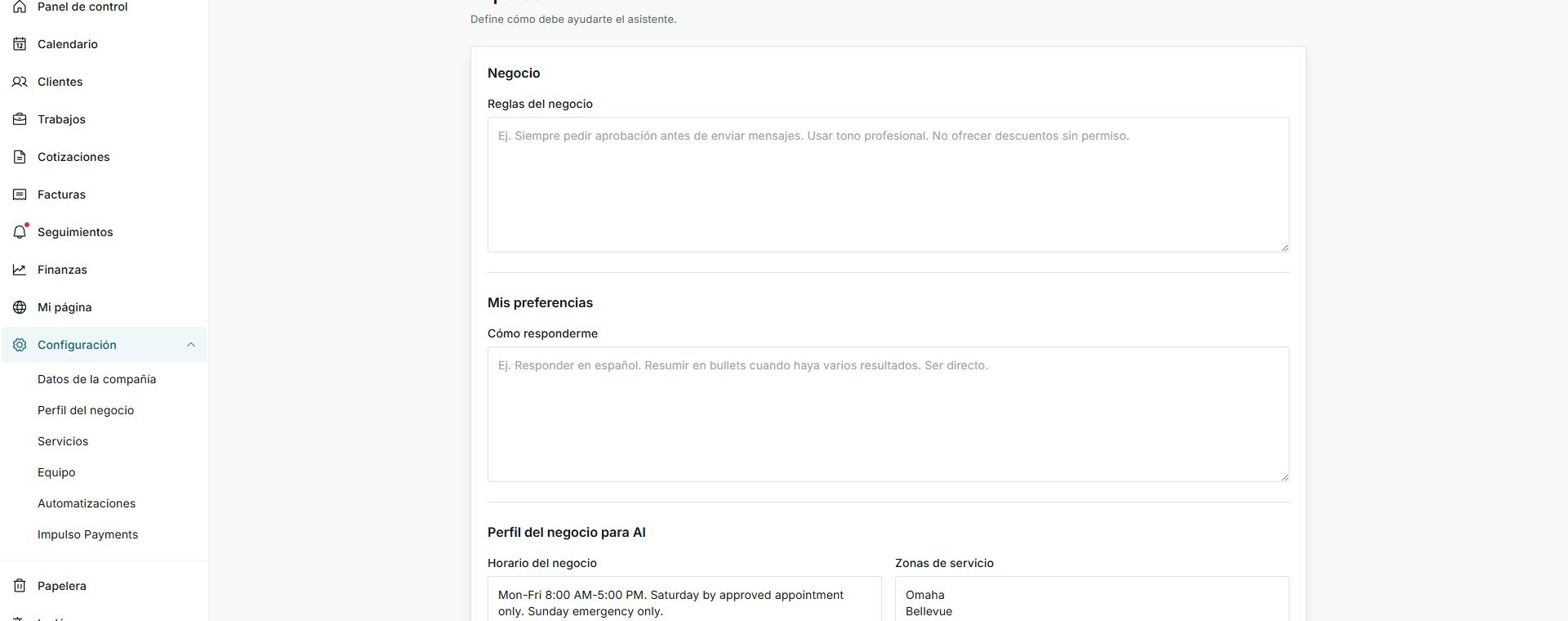 Configuración de IMPULSO AI con reglas del negocio