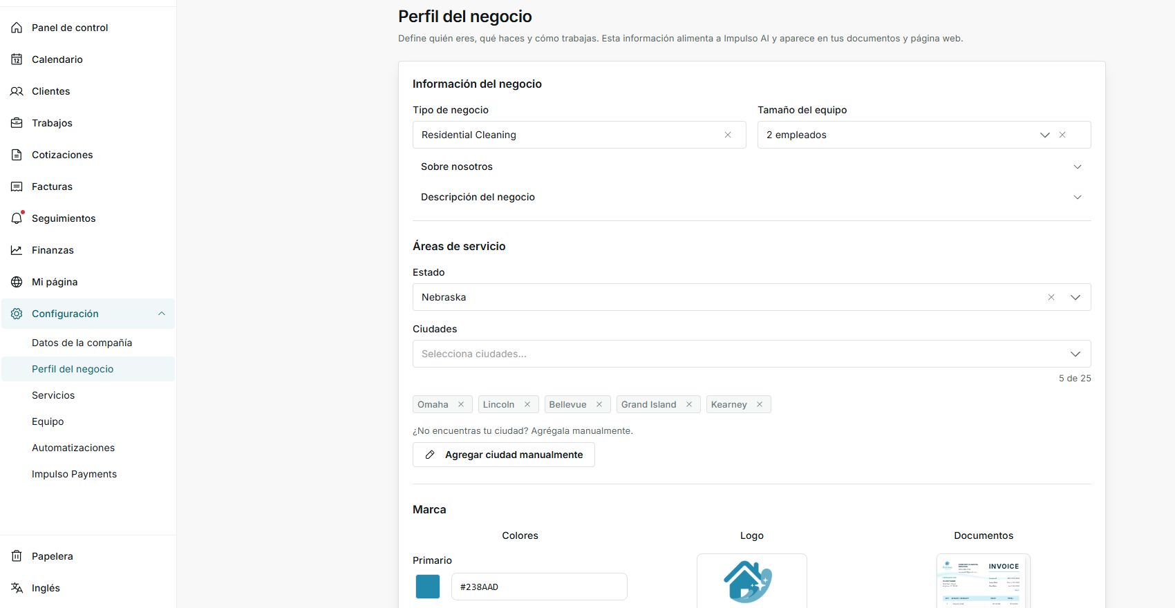 Menú de Configuración con opciones administrativas