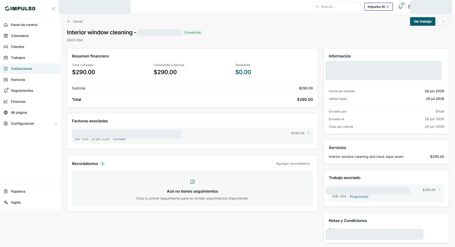 Cotización convertida con resumen financiero, factura asociada y trabajo programado