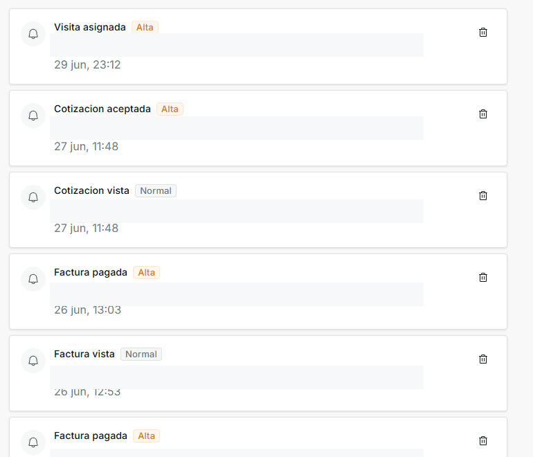 Lista de notificaciones de IMPULSO en espa&ntilde;ol con prioridad Alta, Normal, fechas y acciones de archivo