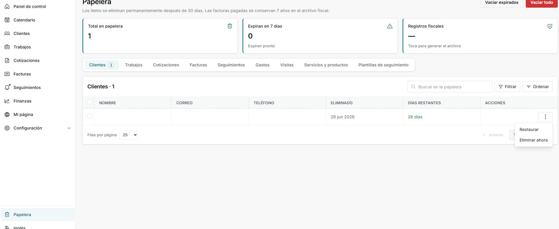 Menú de acciones de Papelera con Restaurar y Eliminar ahora