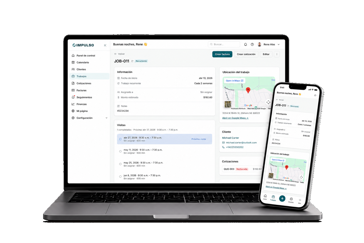 IMPULSO desktop and mobile app mockup showing a dashboard view.