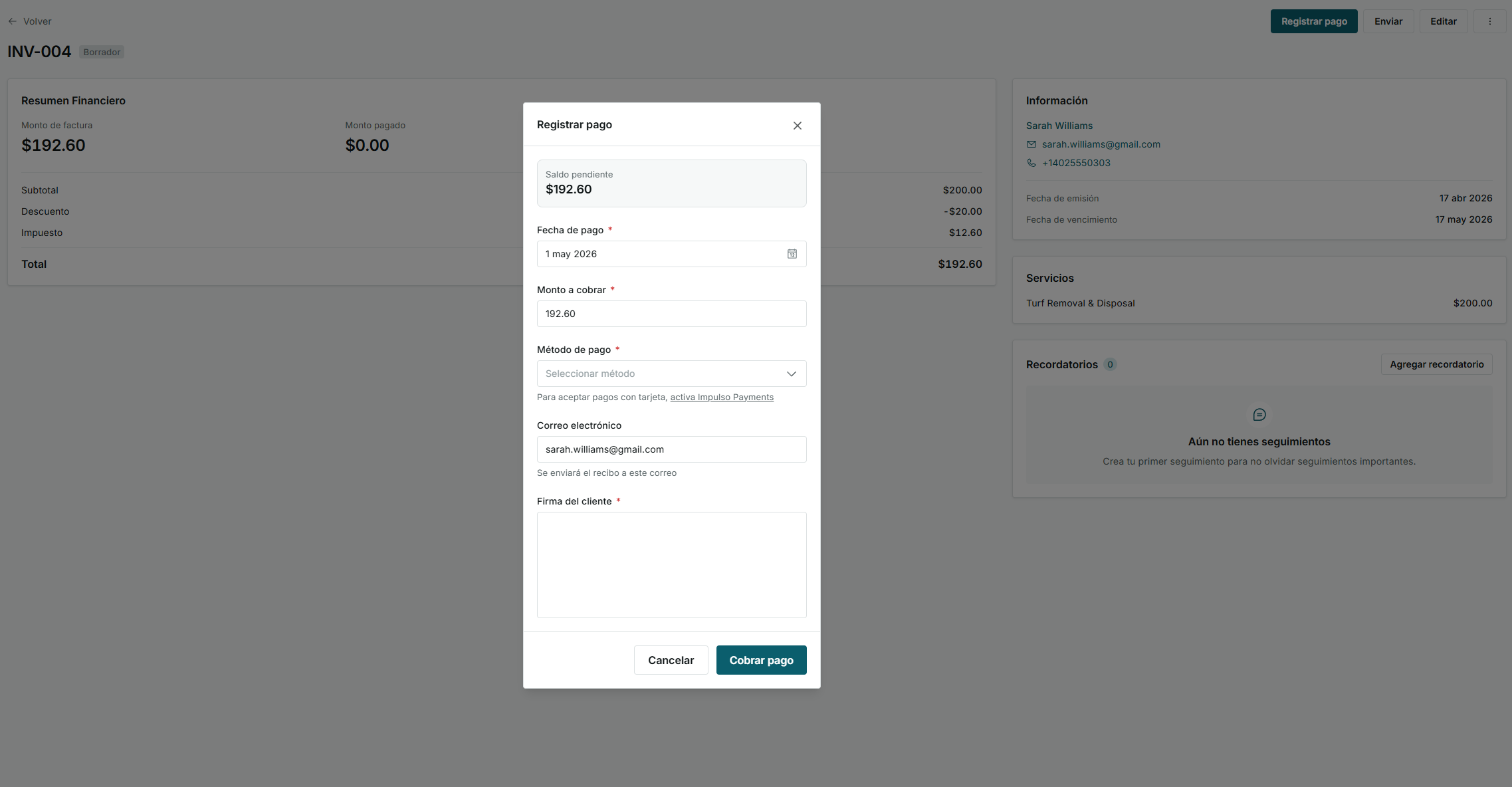 Modal de registrar pago en IMPULSO sobre una factura pendiente.